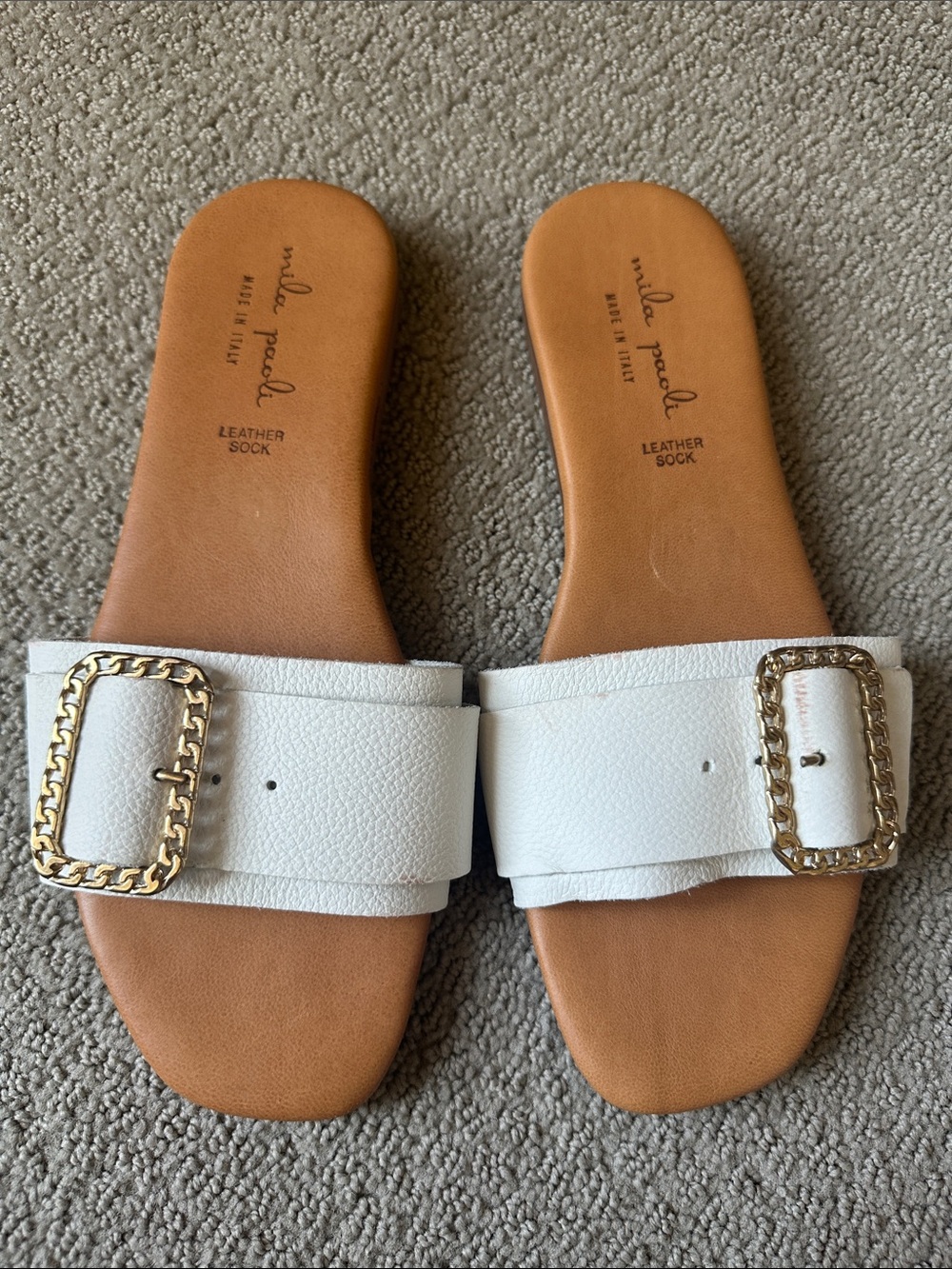 Mila Paoli White Leather Slide Sandals with Gold Chain Buckles